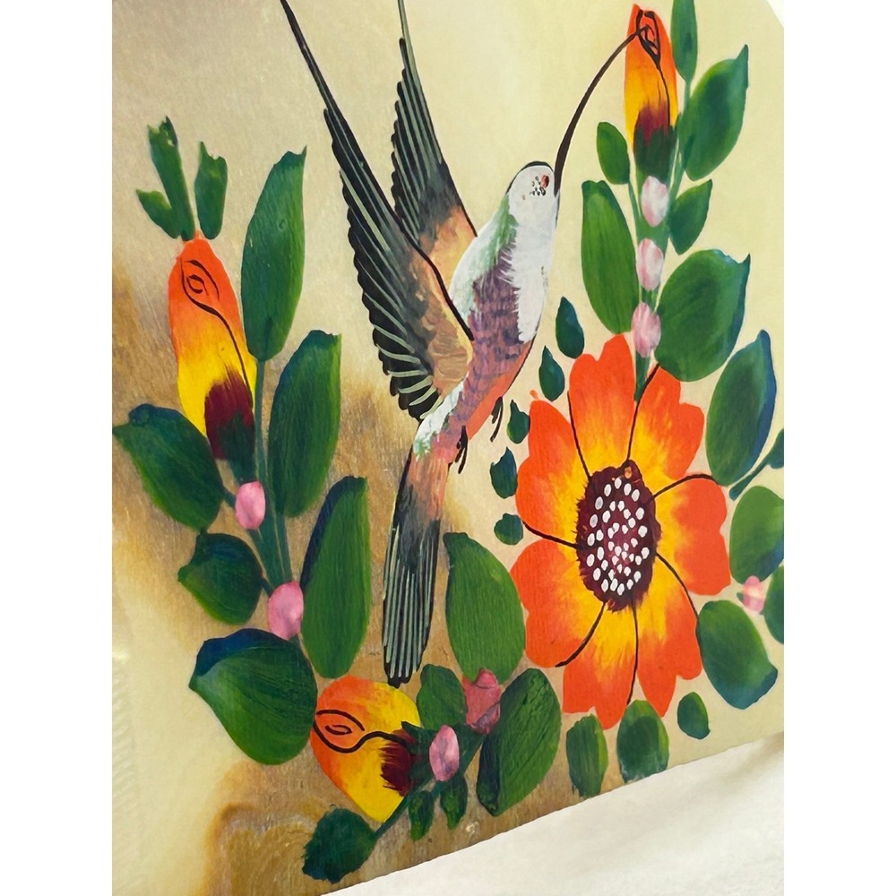 Vintage Mexican Onyx Hand Painted Hummingbird Floral Stone Art Slab with Base - Picture 4 of 8
